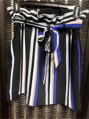 Express Black Striped Paperbag Waist Mini Skirt with Tie